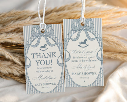 Blue Coquette Bow Rocking Horse Baby Shower Favor Tags Template, Striped Preppy Baby Sprinkle, Heirloom Inspired Brunch with Mom WP1095