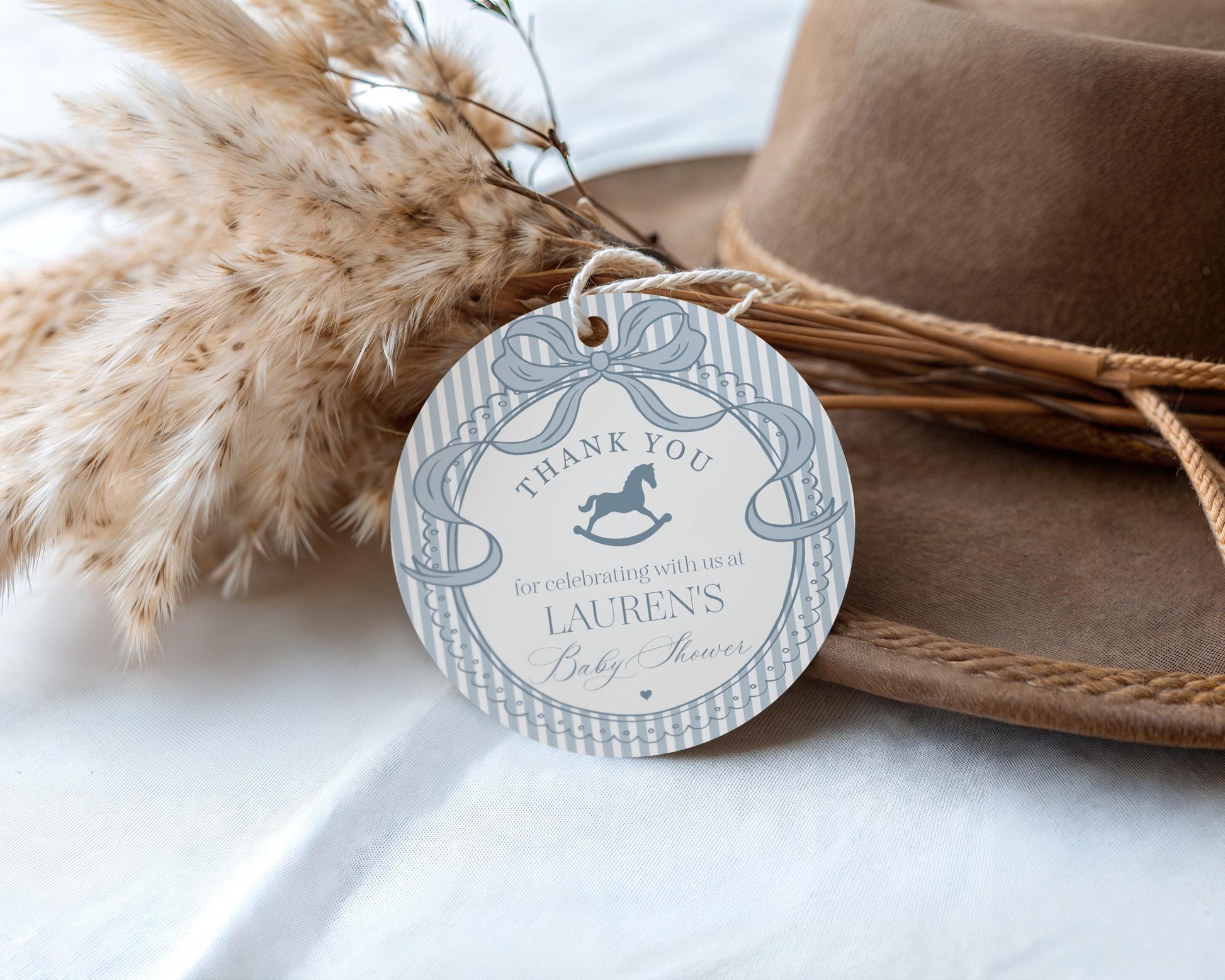 Blue Coquette Bow Rocking Horse Baby Shower Favor Tags Template, Striped Preppy Baby Sprinkle, Heirloom Inspired Brunch with Mom WP1095