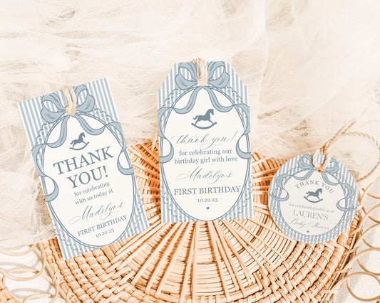 Blue Coquette Bow Rocking Horse Birthday Party Favor Tags Template, Preppy Striped First Birthday Party WP1095