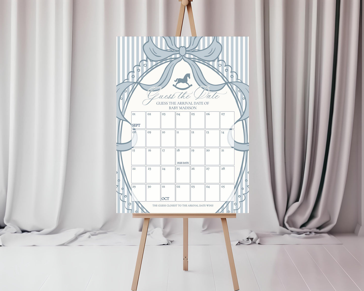 Blue Coquette Bow Rocking Horse Baby Shower Guess the Date Game Template, Striped Preppy Baby Sprinkle WP1095
