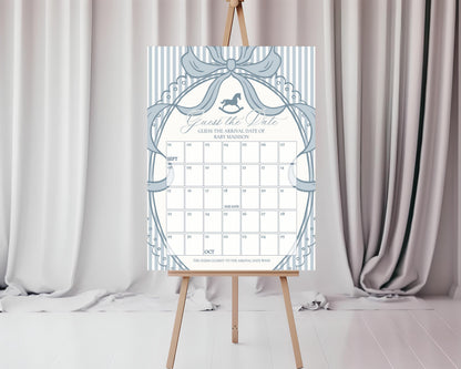 Blue Coquette Bow Rocking Horse Baby Shower Guess the Date Game Template, Striped Preppy Baby Sprinkle WP1095