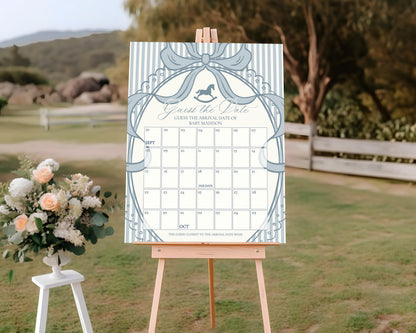 Blue Coquette Bow Rocking Horse Baby Shower Guess the Date Game Template, Striped Preppy Baby Sprinkle WP1095