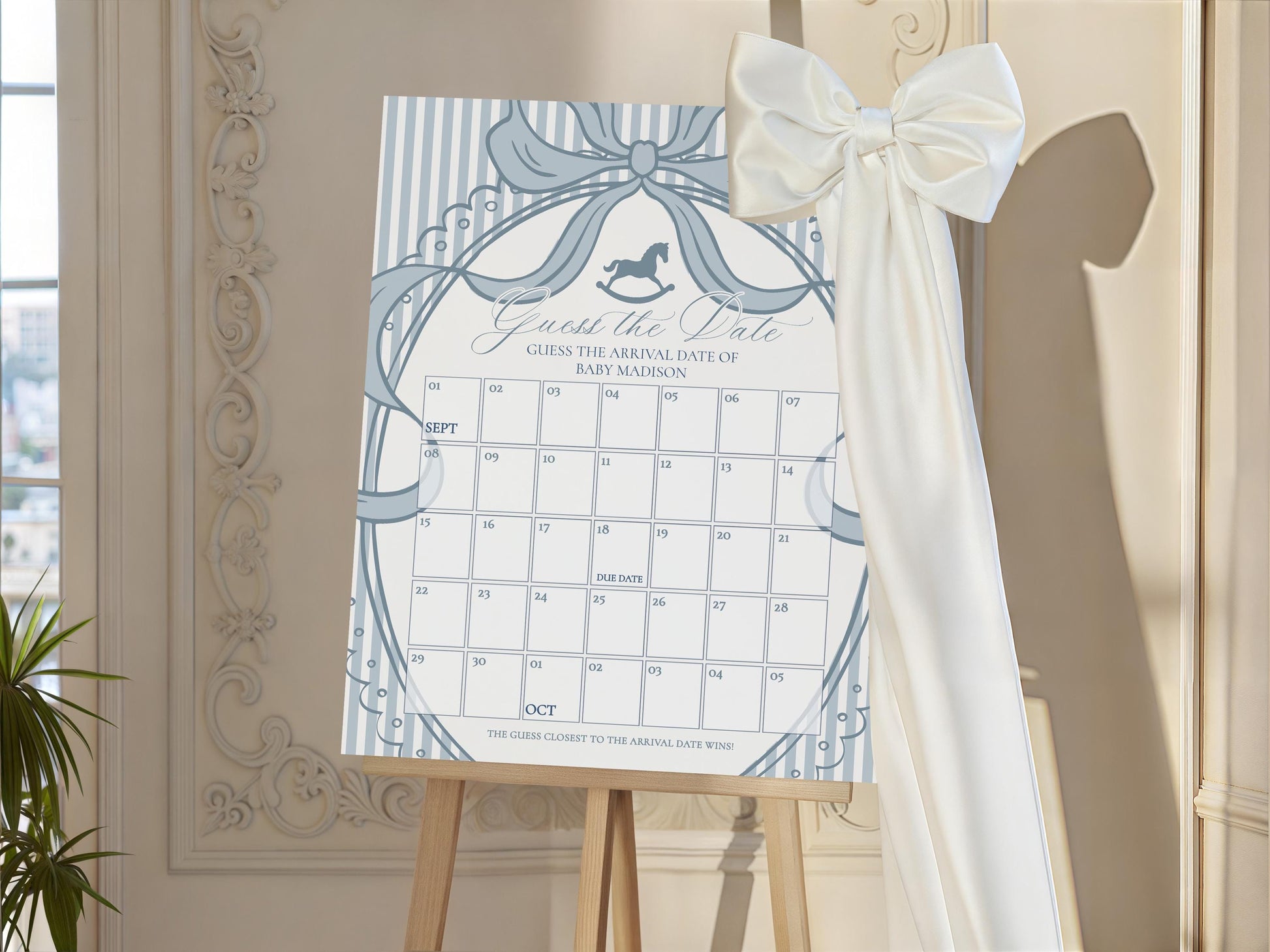 Blue Coquette Bow Rocking Horse Baby Shower Guess the Date Game Template, Striped Preppy Baby Sprinkle WP1095
