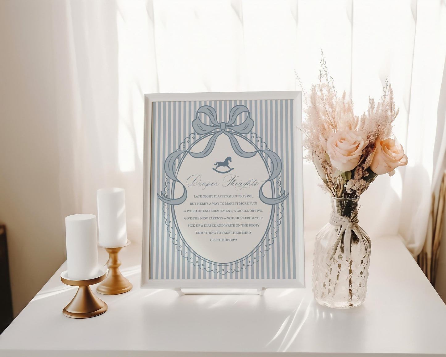 Blue Coquette Bow Rocking Horse Baby Shower Diaper Thoughts Sign Template, Striped Preppy Baby Sprinkle WP1095