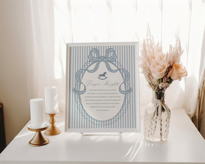 Blue Coquette Bow Rocking Horse Baby Shower Diaper Thoughts Sign Template, Striped Preppy Baby Sprinkle WP1095