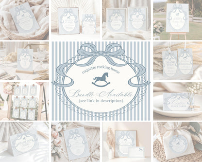 Blue Coquette Bow Rocking Horse Baby Shower Diaper Thoughts Sign Template, Striped Preppy Baby Sprinkle WP1095