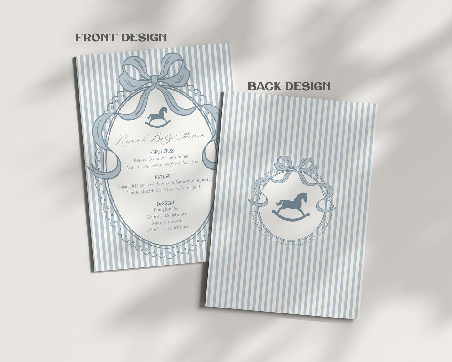 Blue Coquette Bow Rocking Horse Menu Template, Striped Preppy Baby Shower, Classic First Birthday Party WP1095