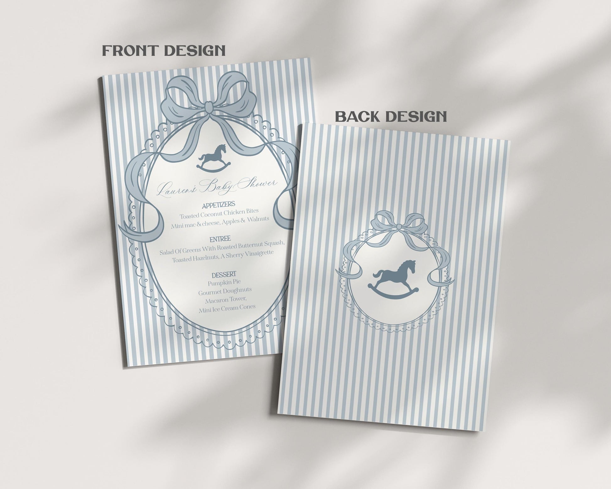 Blue Coquette Bow Rocking Horse Menu Template, Striped Preppy Baby Shower, Classic First Birthday Party WP1095