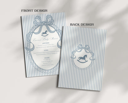 Blue Coquette Bow Rocking Horse Menu Template, Striped Preppy Baby Shower, Classic First Birthday Party WP1095