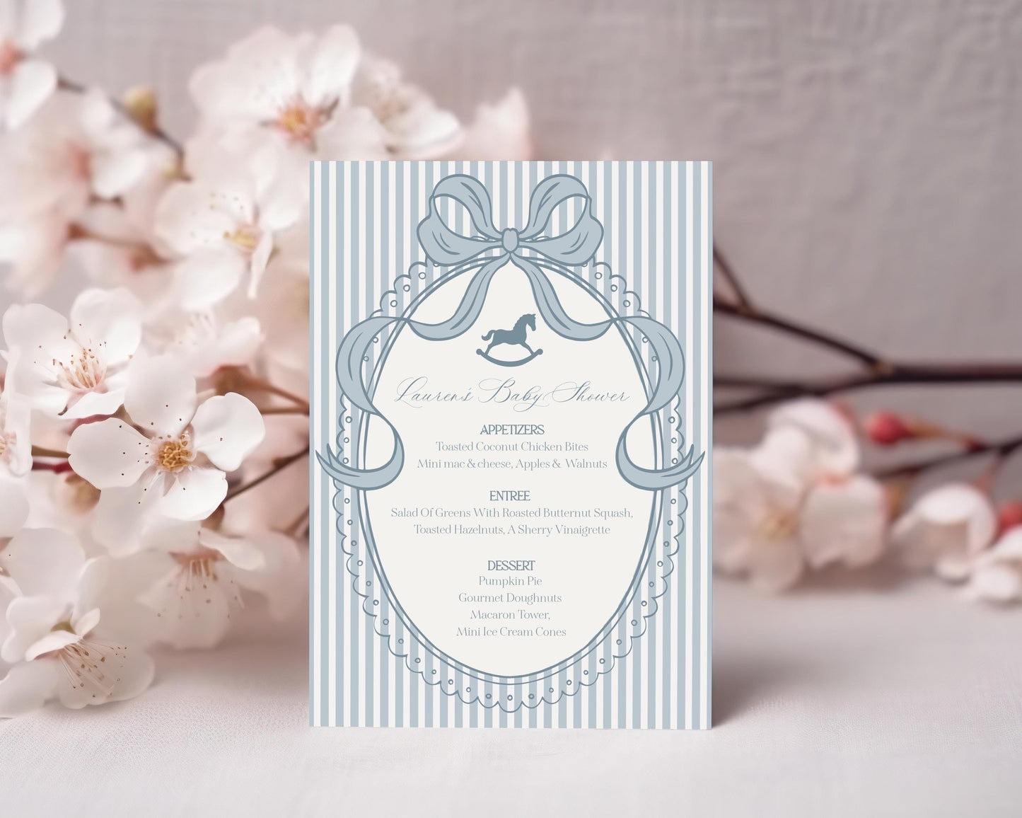 Blue Coquette Bow Rocking Horse Menu Template, Striped Preppy Baby Shower, Classic First Birthday Party WP1095