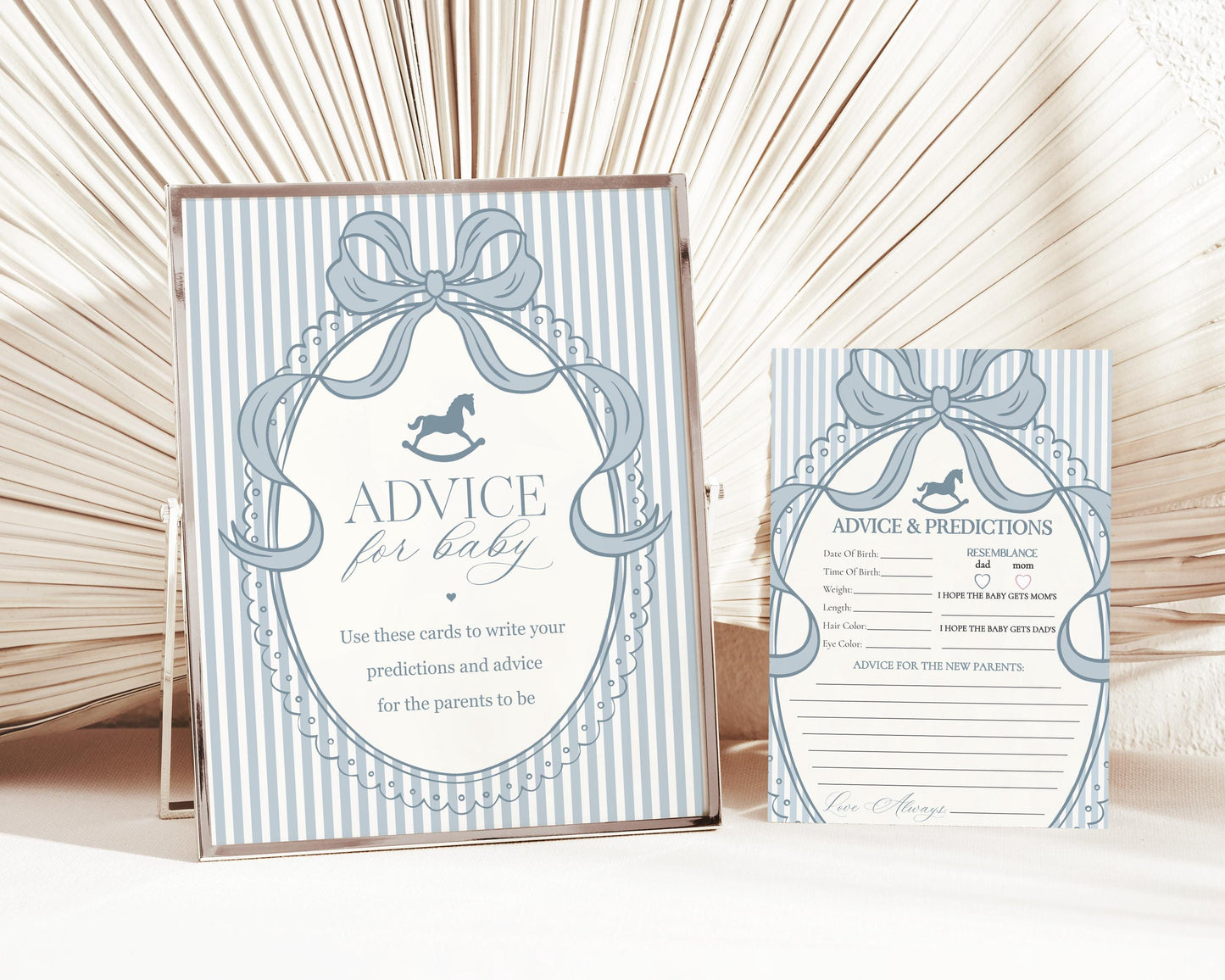 Blue Coquette Bow Rocking Horse Advice for Baby Cards Template, Striped Preppy Baby Sprinkle, Heirloom Inspired Brunch with Mom to Be WP1095