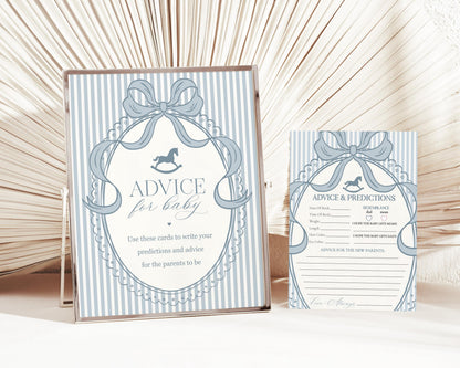 Blue Coquette Bow Rocking Horse Advice for Baby Cards Template, Striped Preppy Baby Sprinkle, Heirloom Inspired Brunch with Mom to Be WP1095