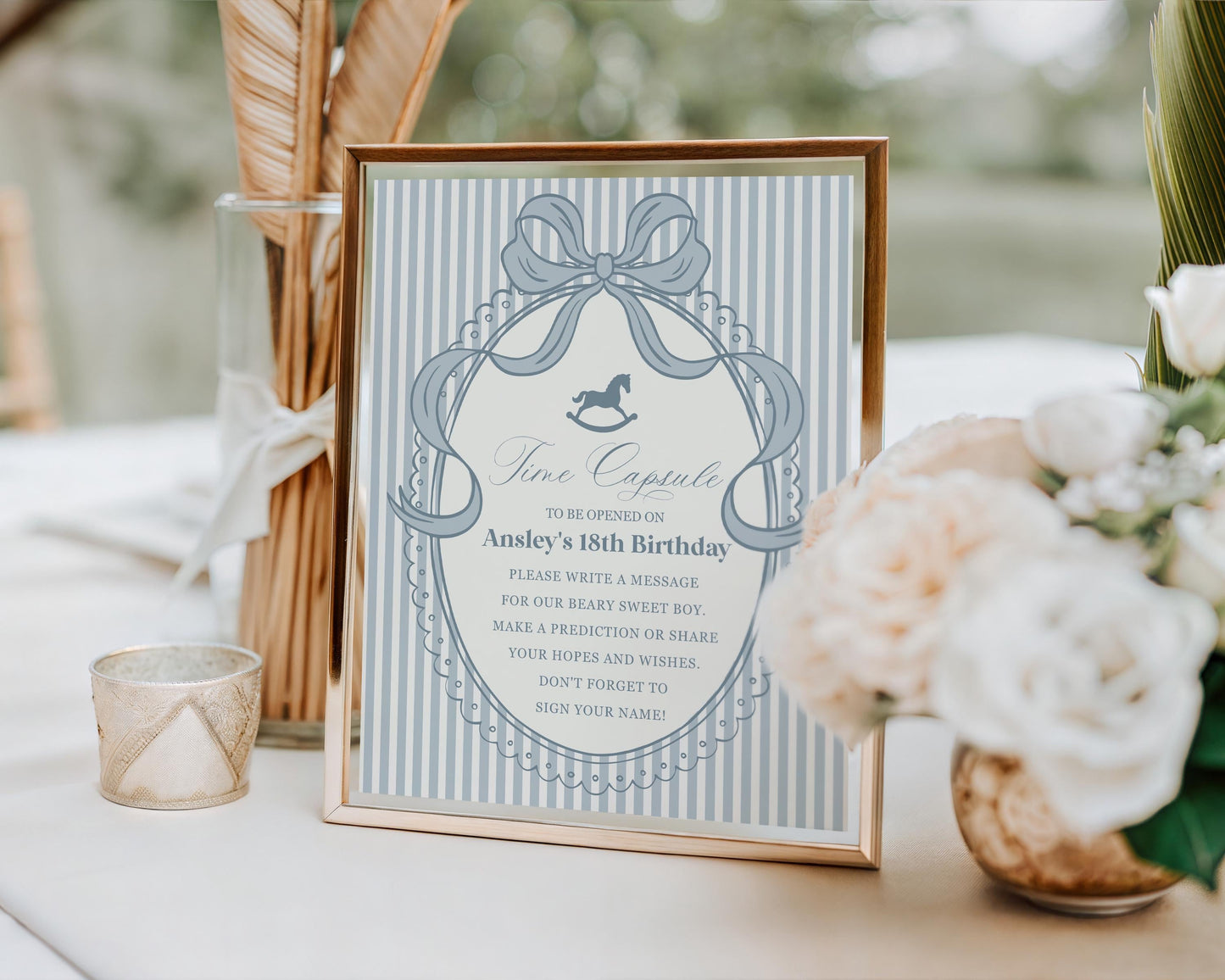 Blue Coquette Bow Rocking Horse Time Capsule Template, Preppy Striped First Birthday Party, Heirloom Inspired Timeless Bday WP1095