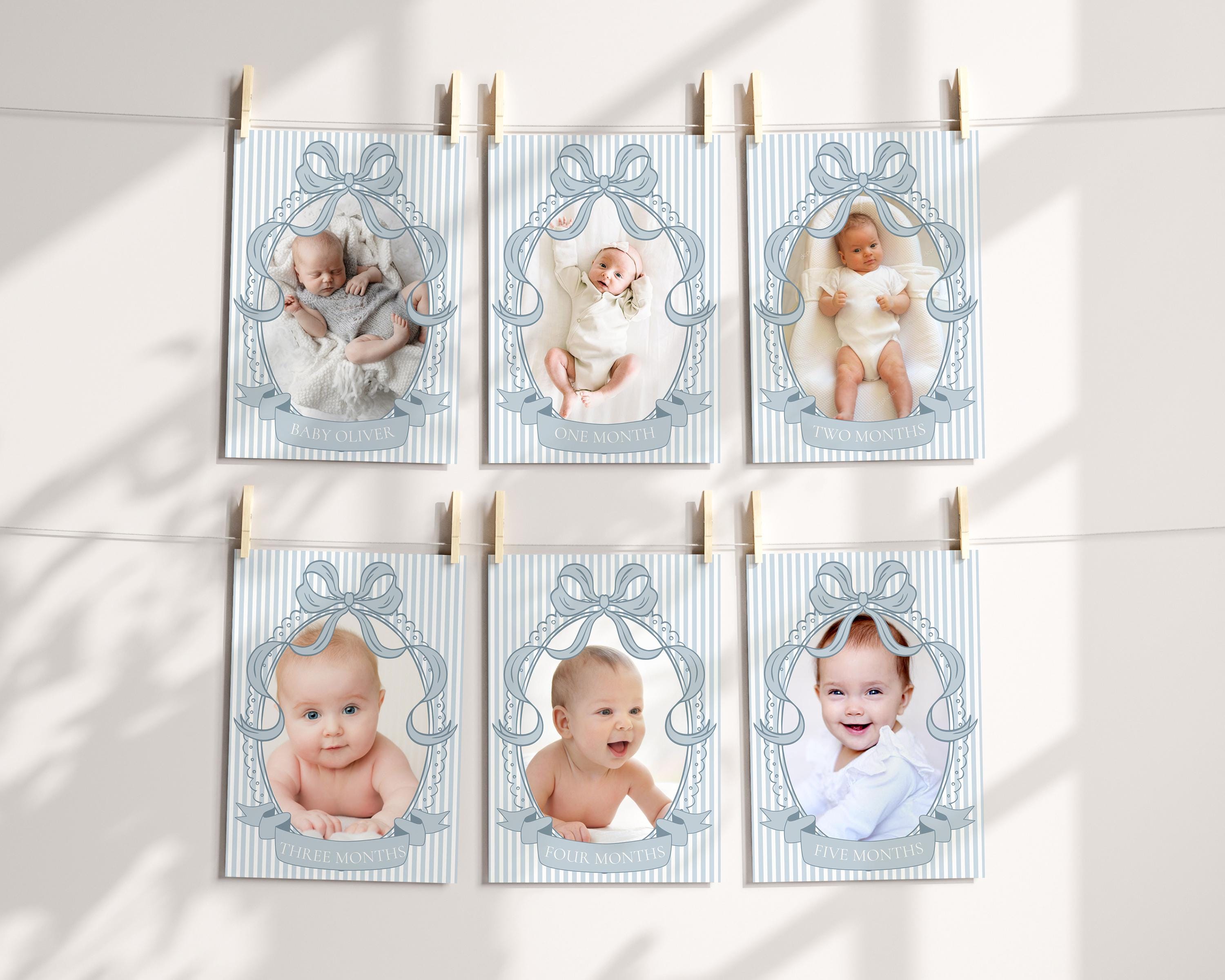 Blue Coquette Bow Rocking Horse 1st Birthday Milestone Banner Template, Preppy Striped First Birthday Party WP1095