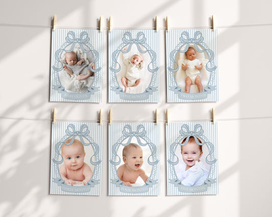 Blue Coquette Bow Rocking Horse 1st Birthday Milestone Banner Template, Preppy Striped First Birthday Party WP1095