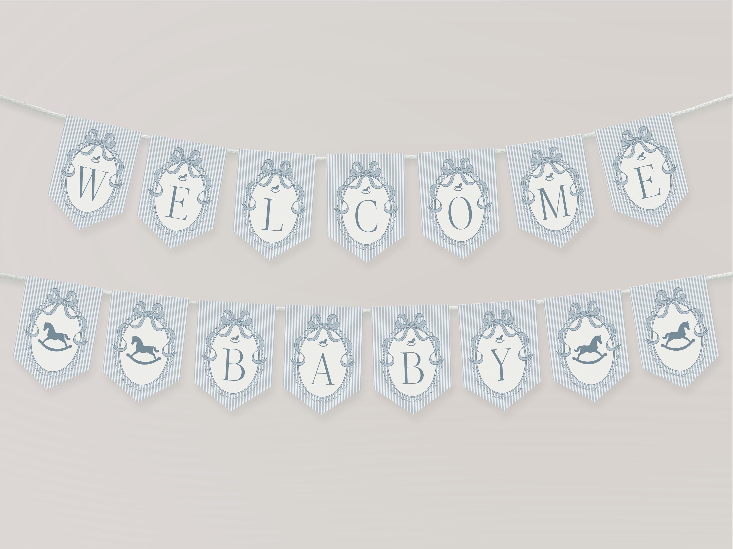 Blue Coquette Bow Rocking Horse Baby Shower Banner Template, Striped Preppy Baby Sprinkle, Heirloom Inspired Brunch with Mom to Be WP1095