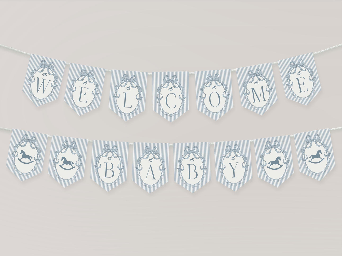 Blue Coquette Bow Rocking Horse Baby Shower Banner Template, Striped Preppy Baby Sprinkle, Heirloom Inspired Brunch with Mom to Be WP1095