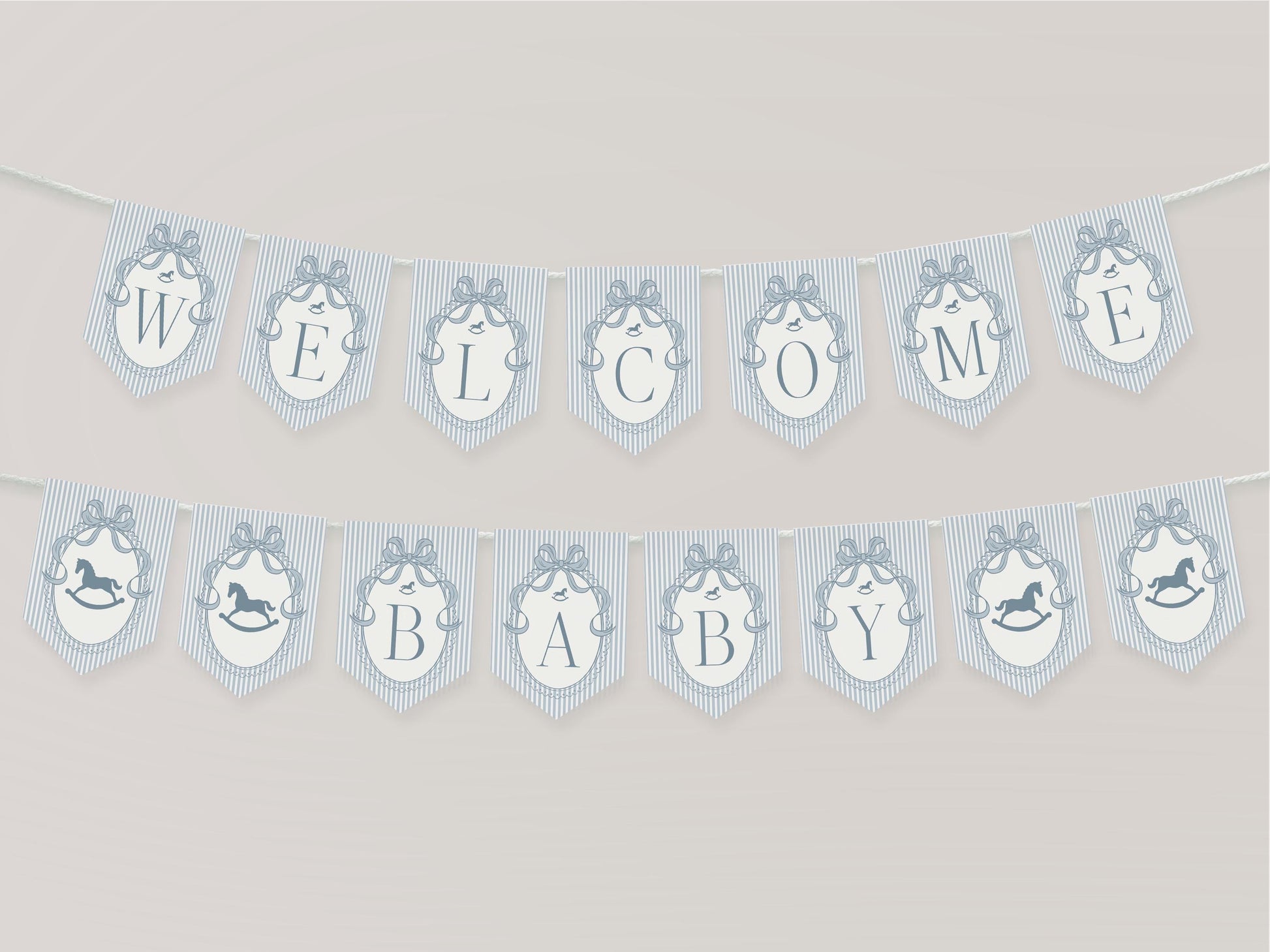 Blue Coquette Bow Rocking Horse Baby Shower Banner Template, Striped Preppy Baby Sprinkle, Heirloom Inspired Brunch with Mom to Be WP1095