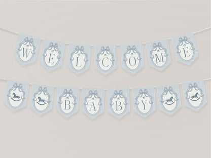 Blue Coquette Bow Rocking Horse Baby Shower Banner Template, Striped Preppy Baby Sprinkle, Heirloom Inspired Brunch with Mom to Be WP1095