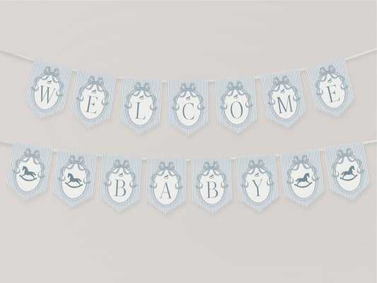 Blue Coquette Bow Rocking Horse Baby Shower Banner Template, Striped Preppy Baby Sprinkle, Heirloom Inspired Brunch with Mom to Be WP1095
