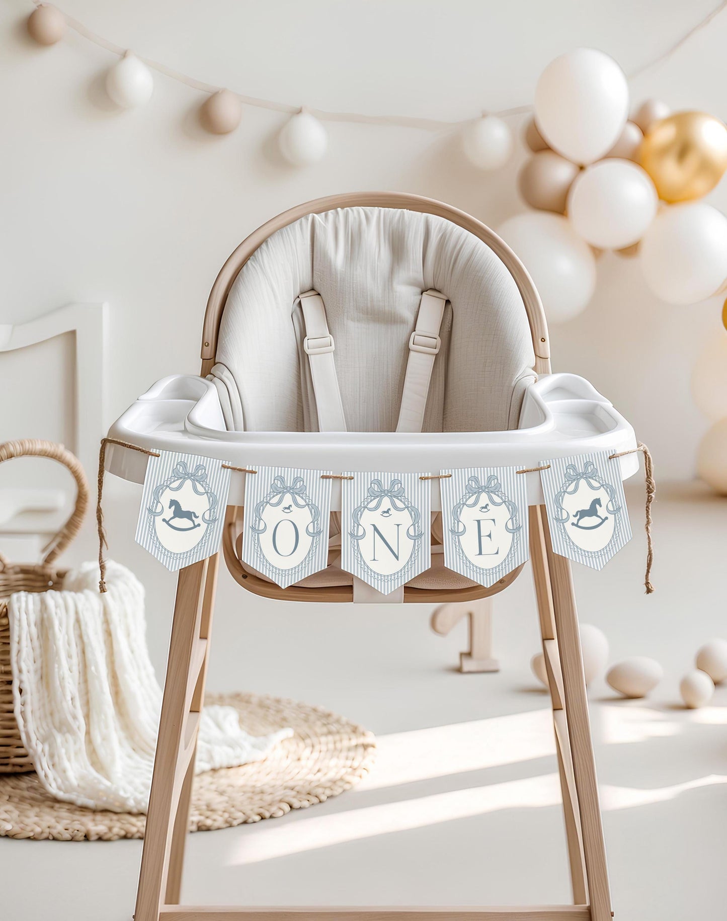 Blue Coquette Bow Rocking Horse ONE Highchair Banner Template, Preppy Striped First Birthday Party WP1095