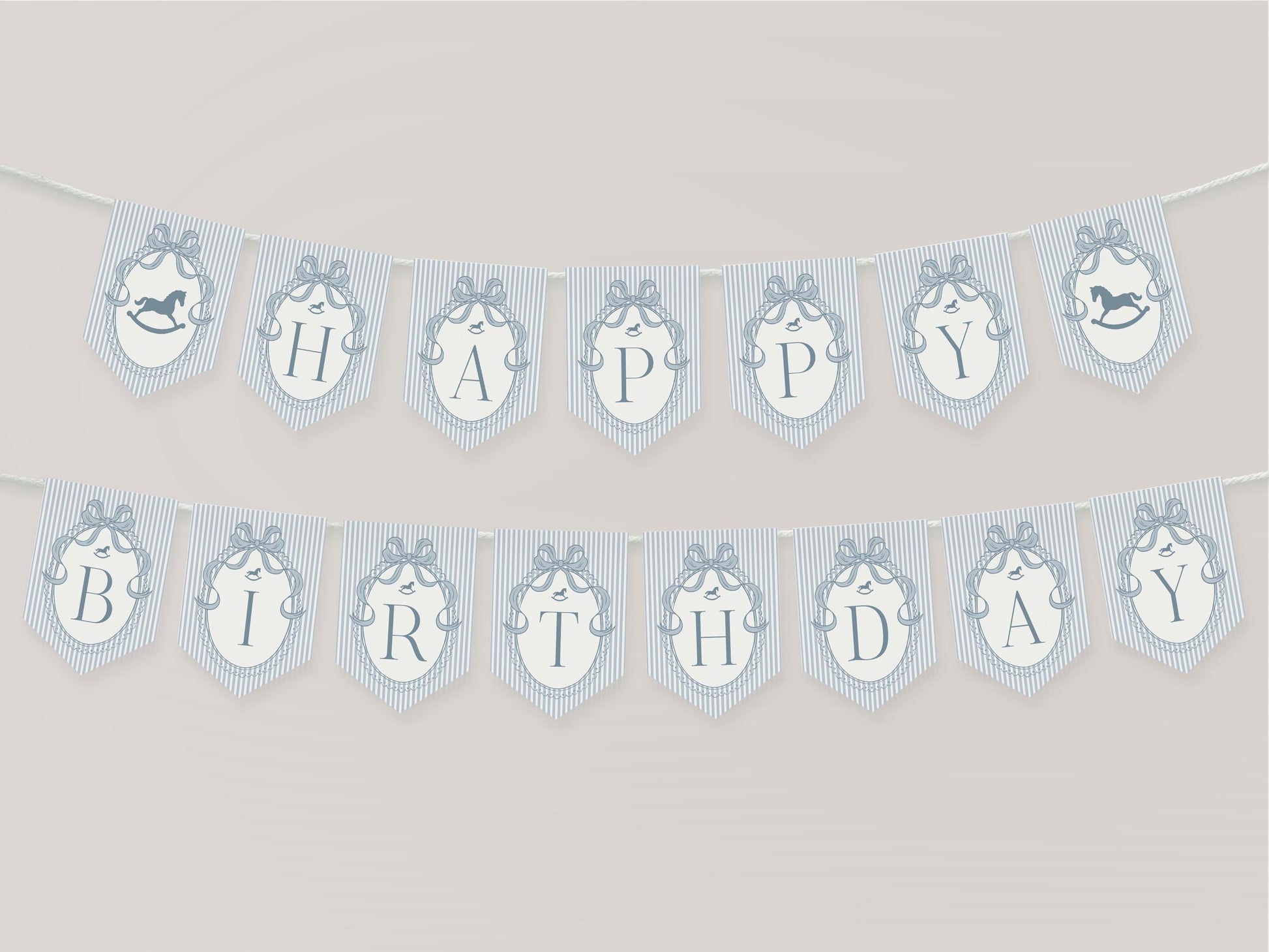 Blue Coquette Bow Rocking Horse ONE Highchair Banner Template, Preppy Striped First Birthday Party WP1095