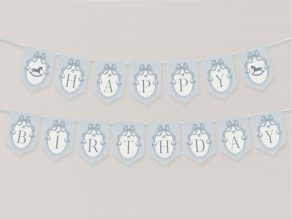 Blue Coquette Bow Rocking Horse ONE Highchair Banner Template, Preppy Striped First Birthday Party WP1095