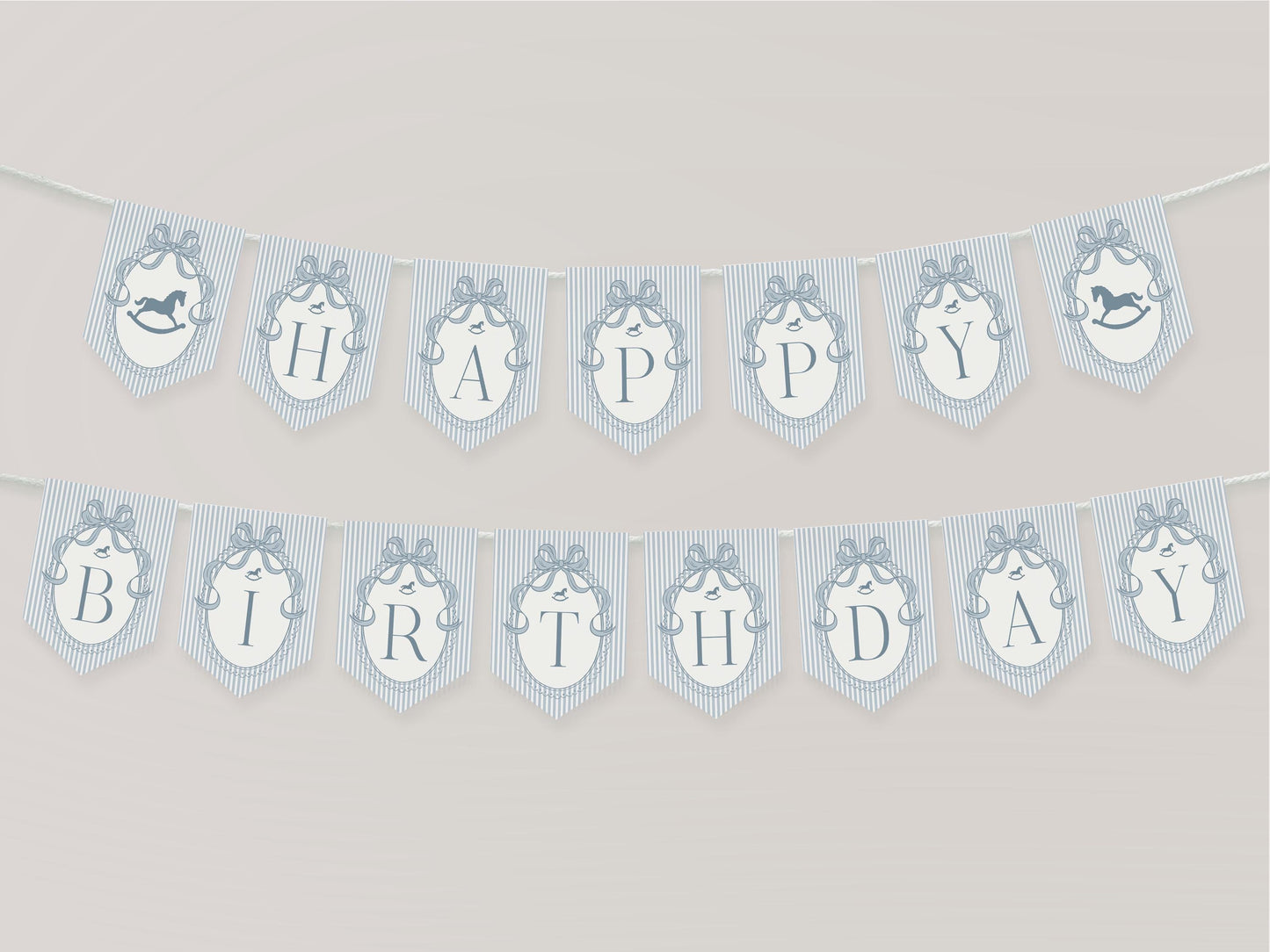 Blue Coquette Bow Rocking Horse Birthday Banner Template, Preppy Striped First Birthday Party WP1095