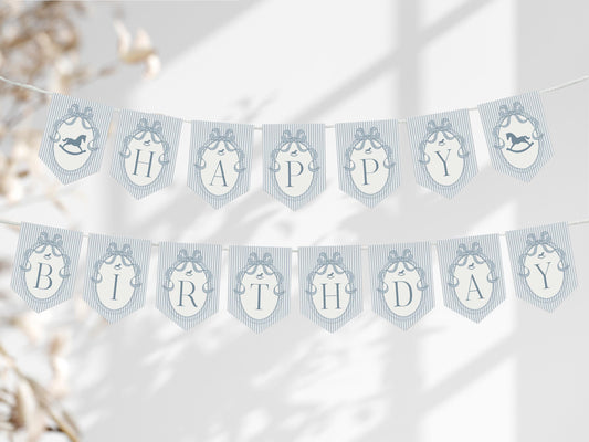 Blue Coquette Bow Rocking Horse Birthday Banner Template, Preppy Striped First Birthday Party WP1095