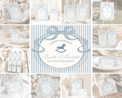 Blue Coquette Bow Rocking Horse First Year Milestone Sign Printable Template, Preppy Striped First Birthday Party WP1095