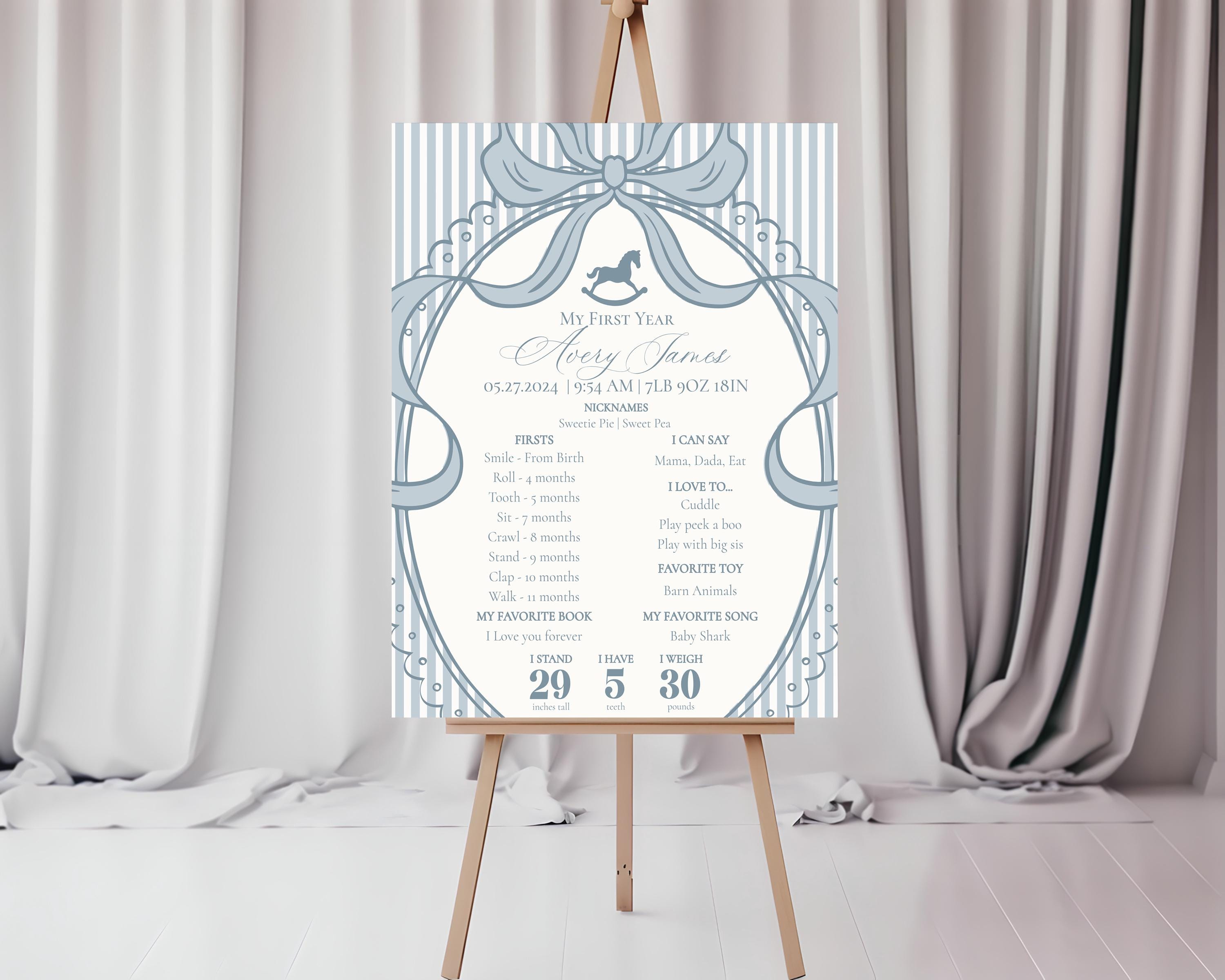 Blue Coquette Bow Rocking Horse First Year Milestone Sign Printable Template, Preppy Striped First Birthday Party WP1095