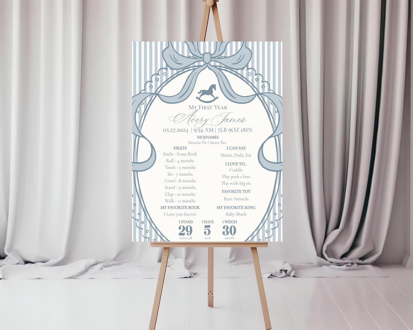 Blue Coquette Bow Rocking Horse First Year Milestone Sign Printable Template, Preppy Striped First Birthday Party WP1095
