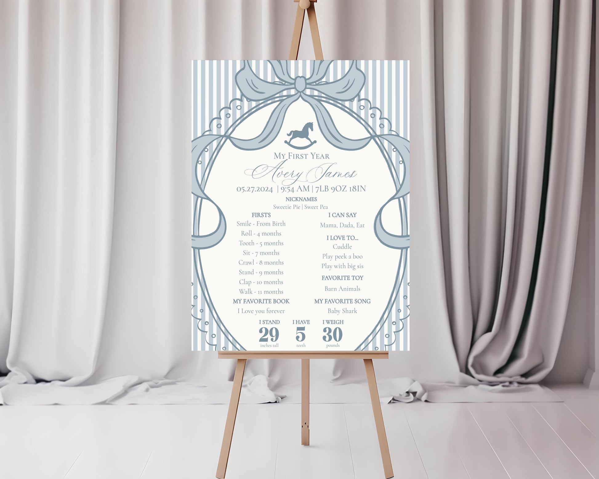 Blue Coquette Bow Rocking Horse First Year Milestone Sign Printable Template, Preppy Striped First Birthday Party WP1095