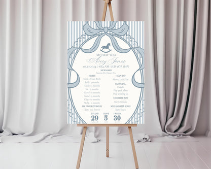 Blue Coquette Bow Rocking Horse First Year Milestone Sign Printable Template, Preppy Striped First Birthday Party WP1095