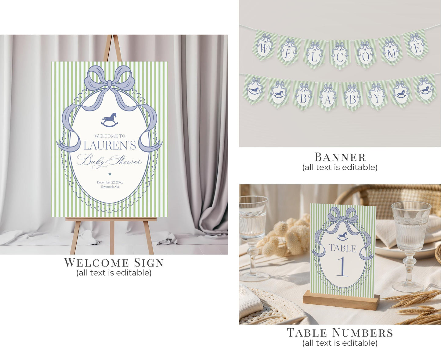 Green and Blue Coquette Bow Rocking Horse Baby Shower Bundle Printable Template, Striped Preppy Baby Sprinkle WP1096