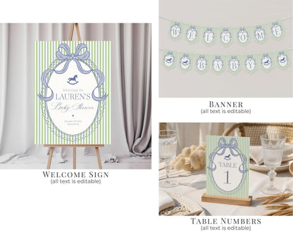 Green and Blue Coquette Bow Rocking Horse Baby Shower Bundle Printable Template, Striped Preppy Baby Sprinkle WP1096