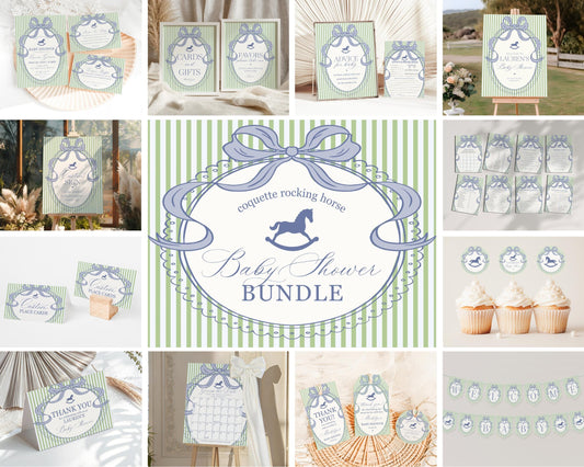 Green and Blue Coquette Bow Rocking Horse Baby Shower Bundle Printable Template, Striped Preppy Baby Sprinkle WP1096