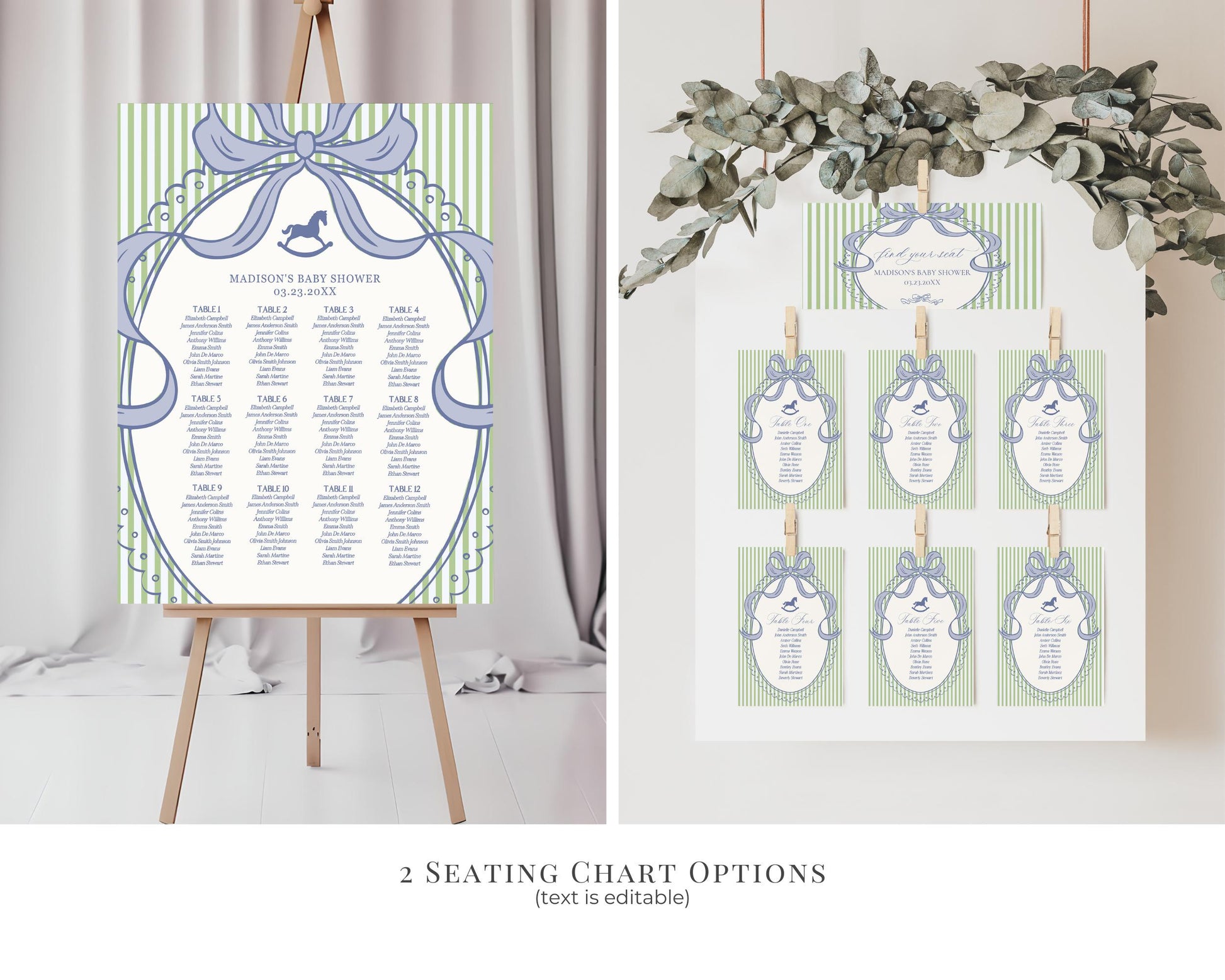 Green and Blue Coquette Bow Rocking Horse Baby Shower Bundle Printable Template, Striped Preppy Baby Sprinkle WP1096