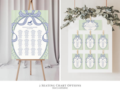 Green and Blue Coquette Bow Rocking Horse Baby Shower Bundle Printable Template, Striped Preppy Baby Sprinkle WP1096