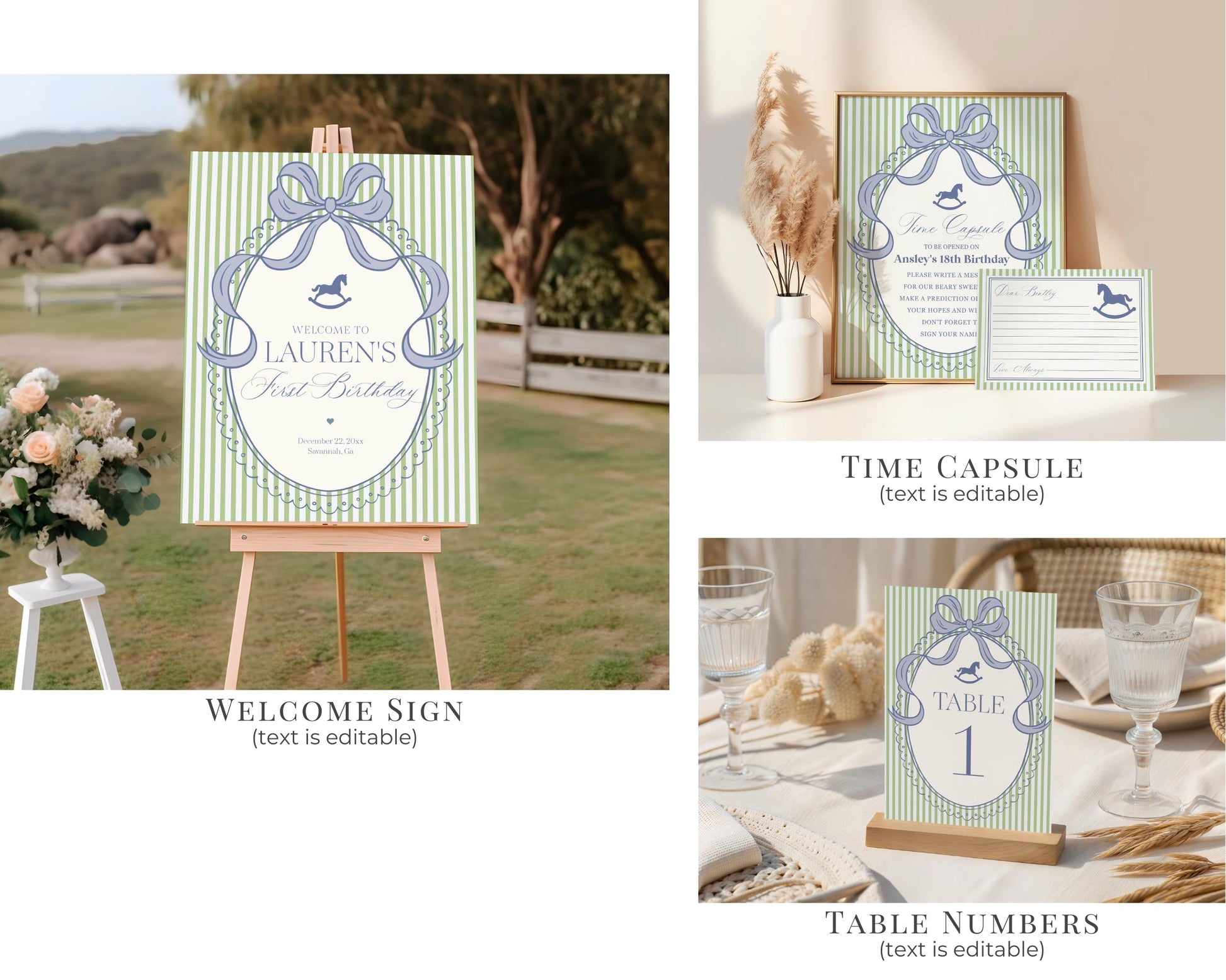 Green and Blue Coquette Bow Rocking Horse 1st Birthday Bundle Printable Template, Preppy Striped First Birthday Party WP1096