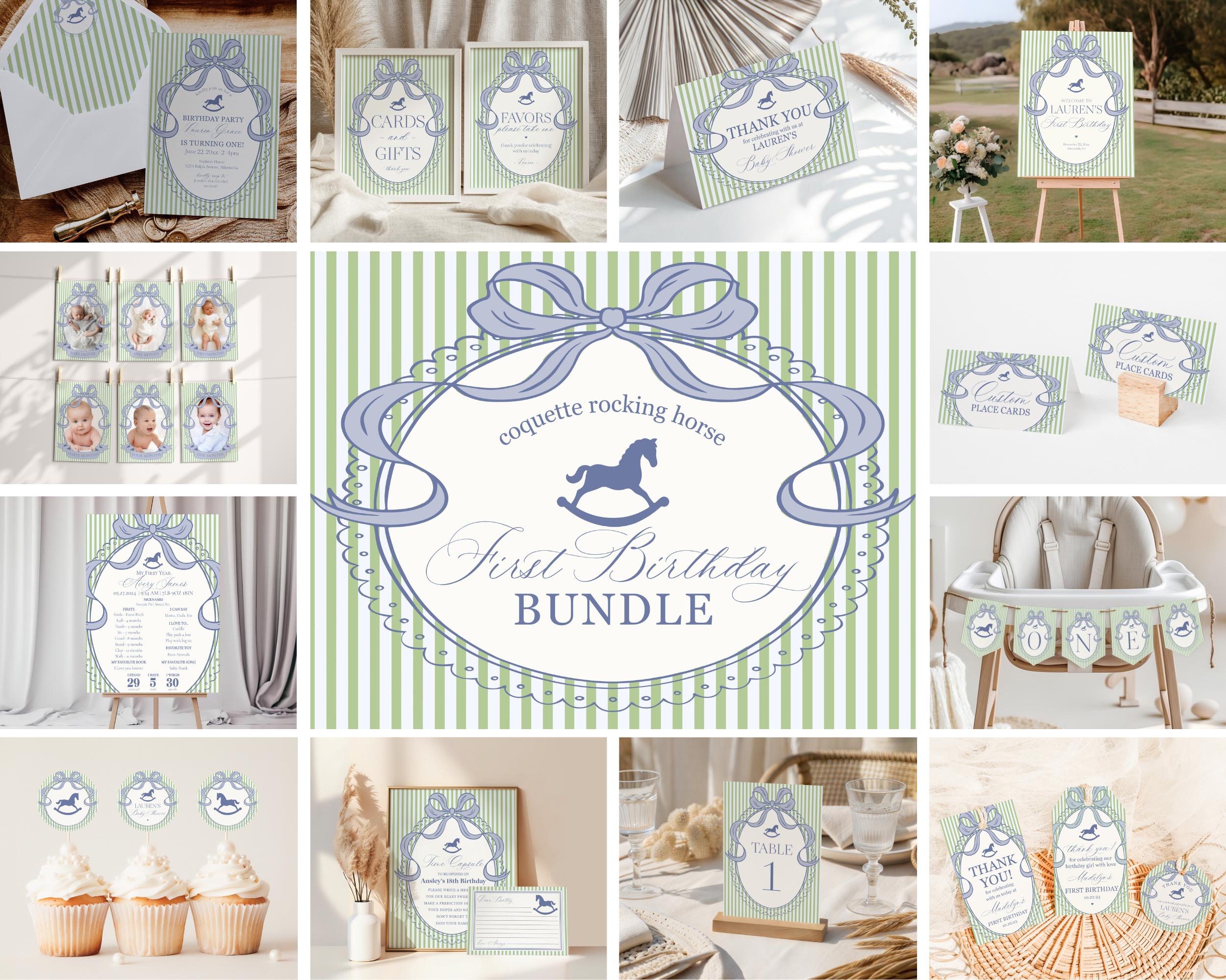 Green and Blue Coquette Bow Rocking Horse 1st Birthday Bundle Printable Template, Preppy Striped First Birthday Party WP1096