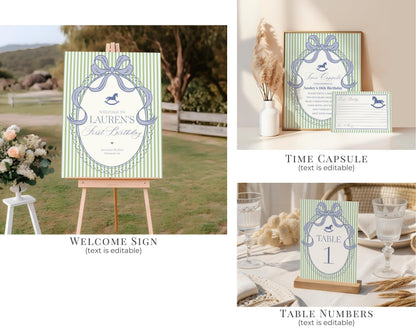 Green and Blue Coquette Bow Rocking Horse Birthday Bundle Printable Template, Preppy Striped Birthday Party WP1096