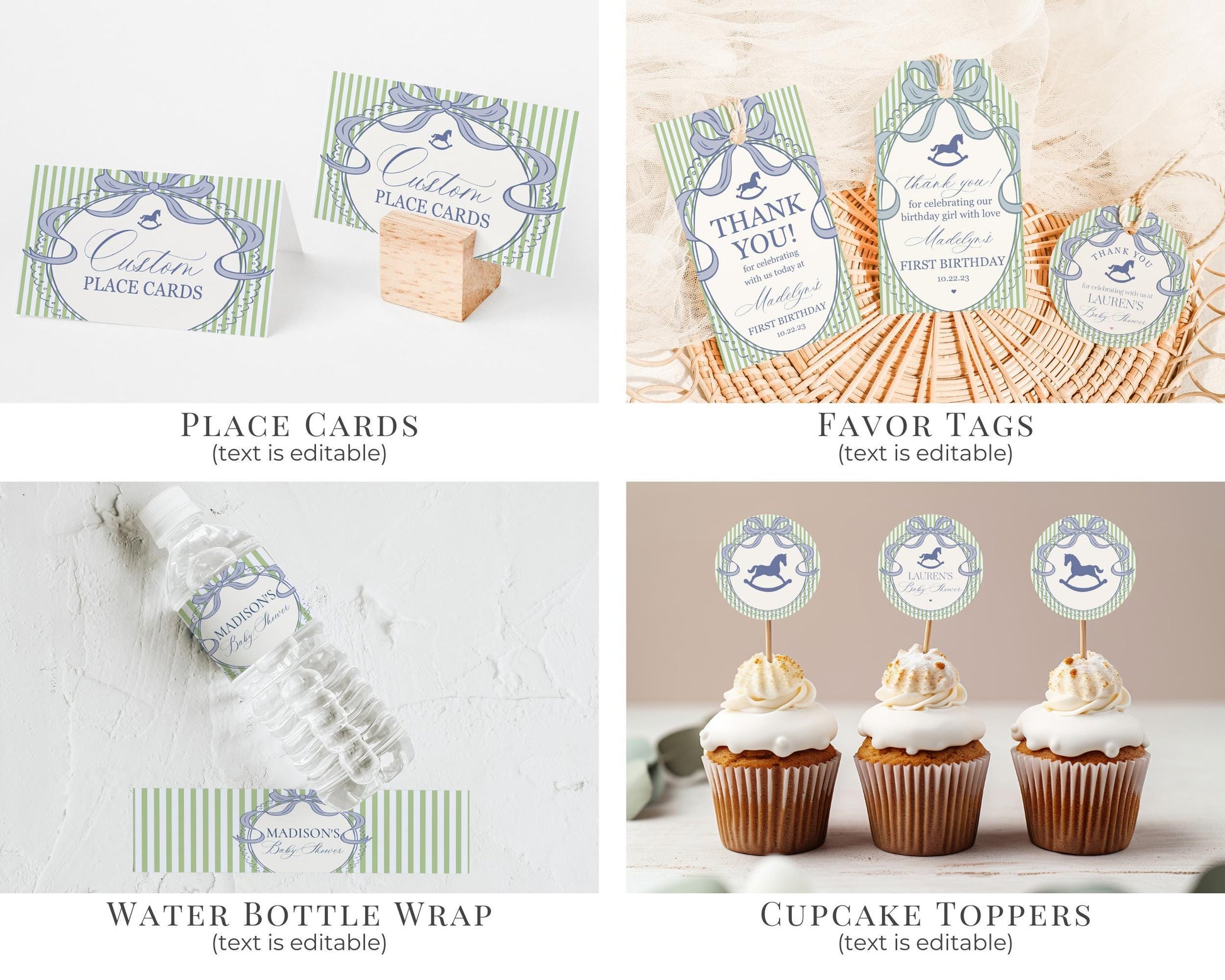 Green and Blue Coquette Bow Rocking Horse Birthday Bundle Printable Template, Preppy Striped Birthday Party WP1096