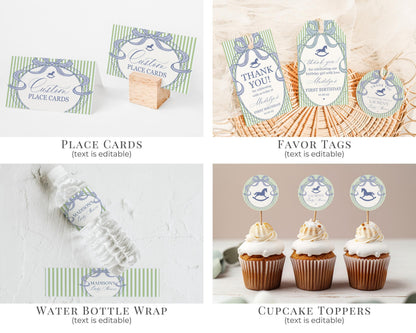 Green and Blue Coquette Bow Rocking Horse Birthday Bundle Printable Template, Preppy Striped Birthday Party WP1096