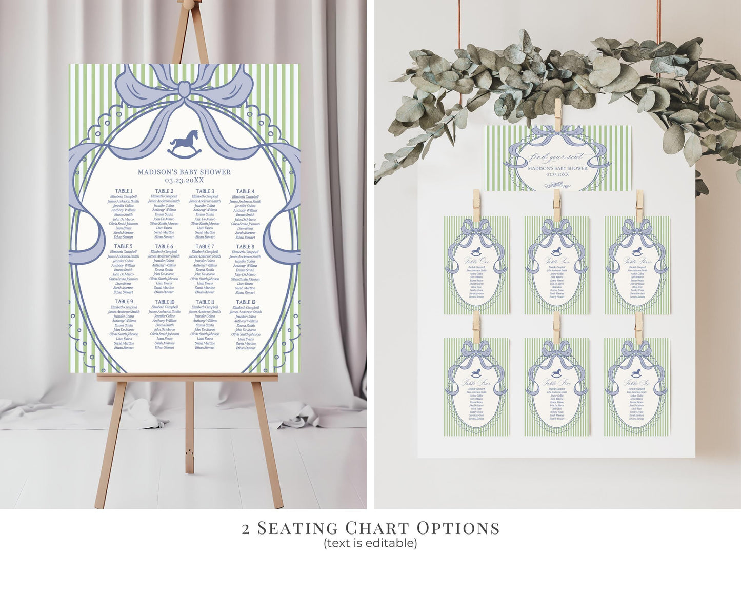 Green and Blue Coquette Bow Rocking Horse Birthday Bundle Printable Template, Preppy Striped Birthday Party WP1096