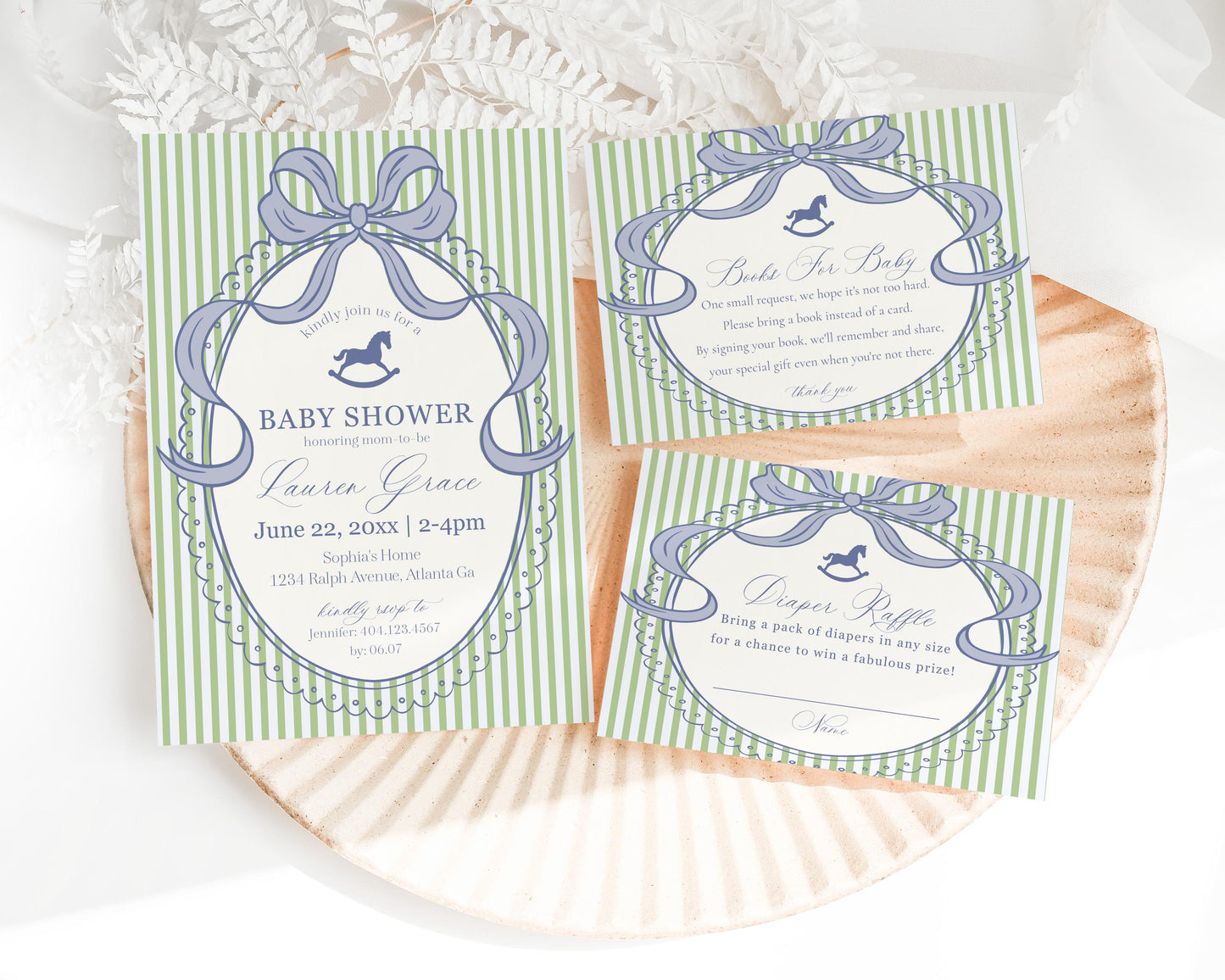 Green and Blue Coquette Bow Rocking Horse Baby Shower Invitation Printable Template, Striped Preppy Baby Sprinkle WP1096