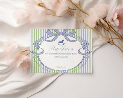 Green and Blue Coquette Bow Rocking Horse Birthday Invitation Printable Template, Preppy Striped First Birthday Party WP1096