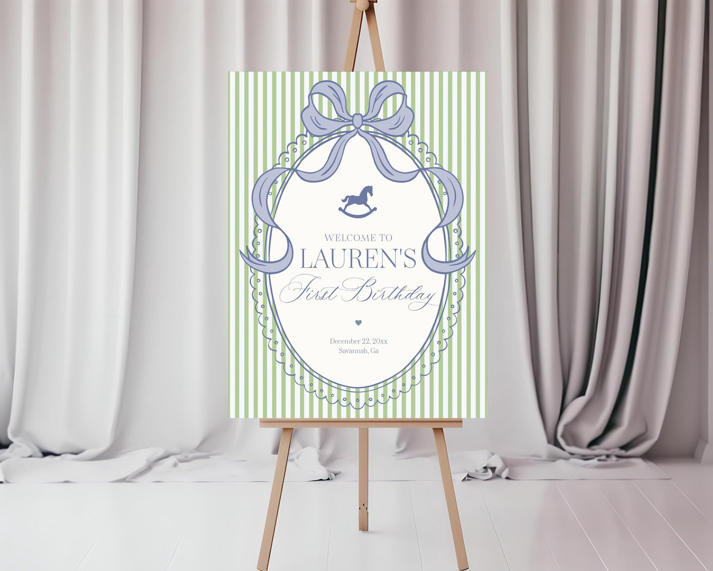 Green and Blue Coquette Bow Rocking Horse Birthday Party Welcome Sign Template, Preppy Bday Party WP1096