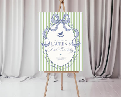 Green and Blue Coquette Bow Rocking Horse Birthday Party Welcome Sign Template, Preppy Bday Party WP1096