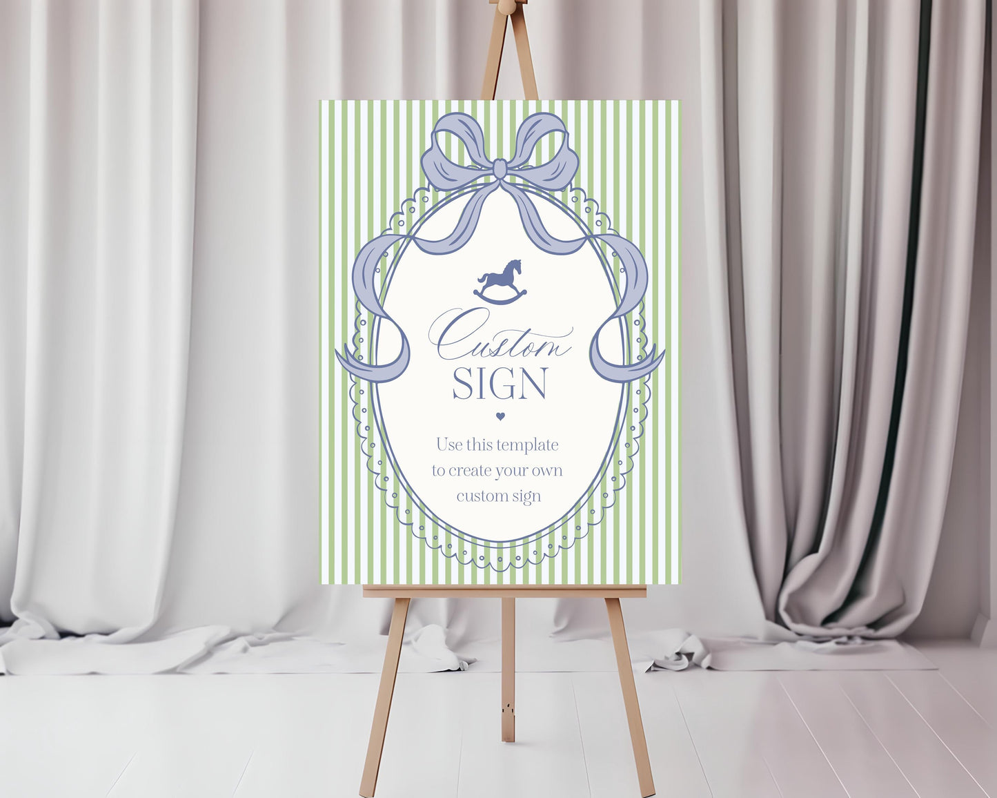 Green and Blue Coquette Bow Rocking Horse Custom Sign Template, Striped Preppy Baby Shower, Classic First Birthday Party WP1096